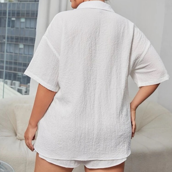 2 piece coord set shorts & button up short sleeve top textured boho white - Picture 3 of 10